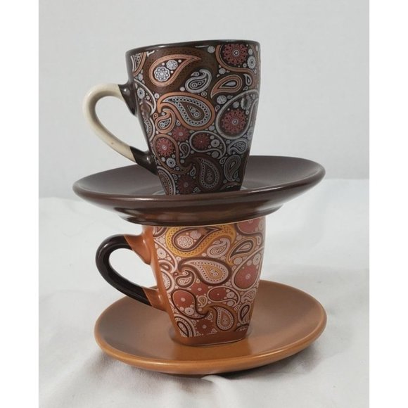 Krystallo Tov Lev Brown Paisley  2 Espresso Cup And Saucer Retro Square Bottom - Picture 2 of 4